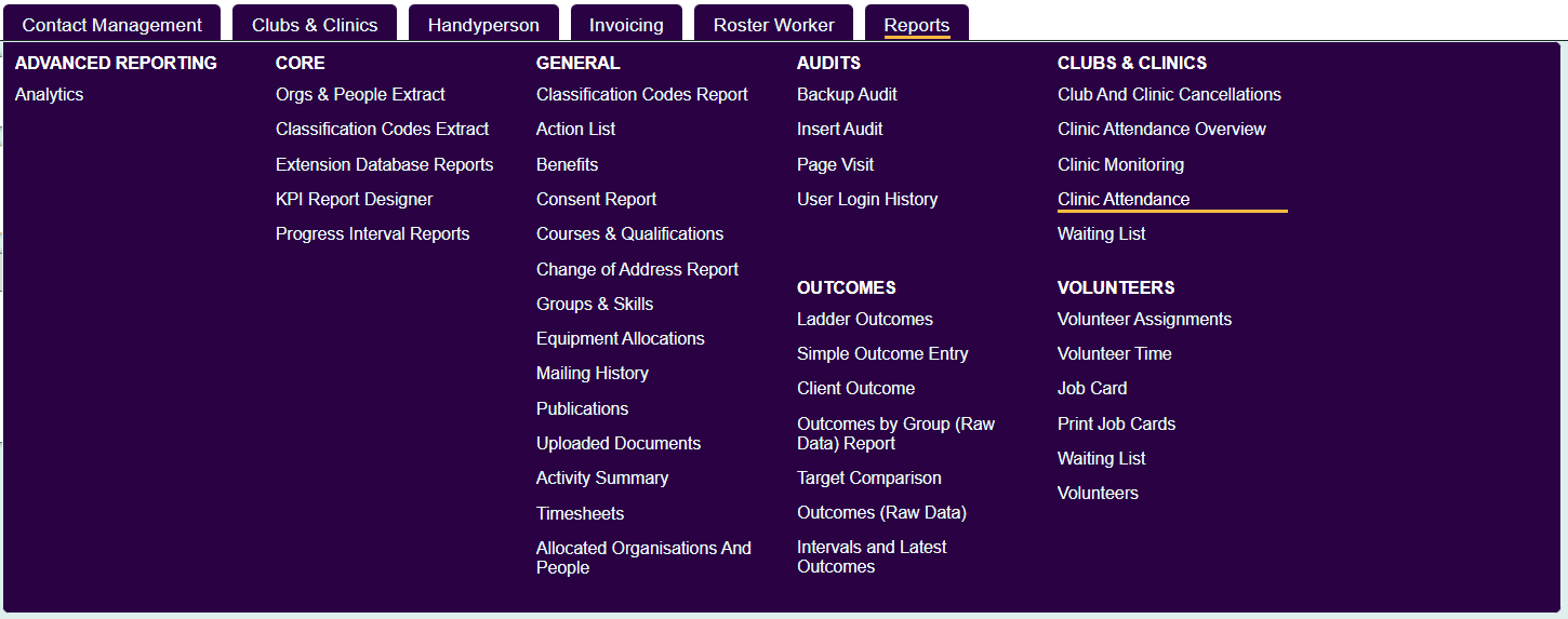 "a screenshot of the clinic attendance report button in the Charitylog report menu."