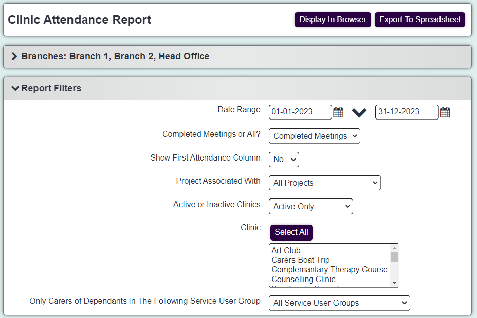 "a screenshot of the clinic attendance report criteria page. This contains date ranges, projects, active or inactive, and a list for clinics."