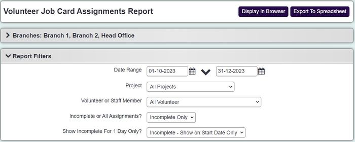 "a screenshot of the volunteer report entry criteria fields. This includes a field for date range, project, volunteer or staff member."