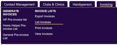 "the list invoices button highlighted in the invoicing menu"