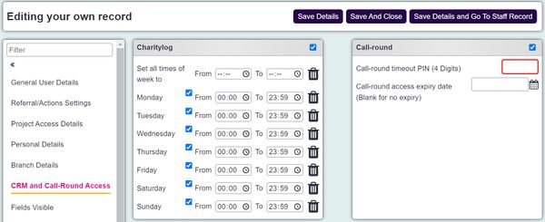 "a screenshot of the setting for enabling a user access to Call Round. There's a tick box at the top of the box, and a field to enter a pin."