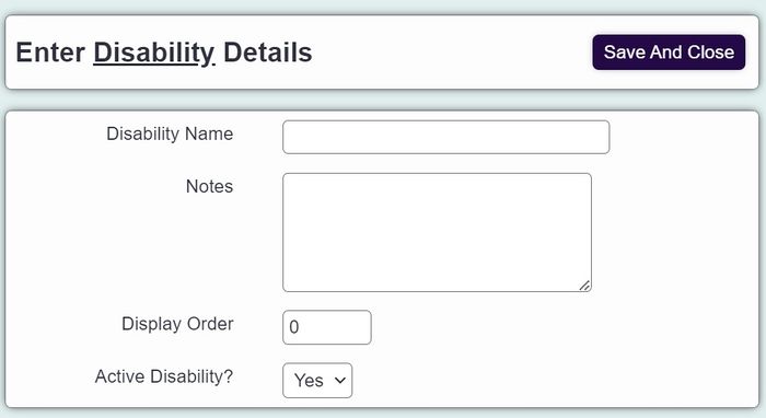 "the data entry page to create a new disability for the drop down list in Charitylog"