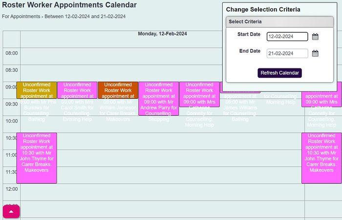 "a screenshot of the roster calendar with appointments"