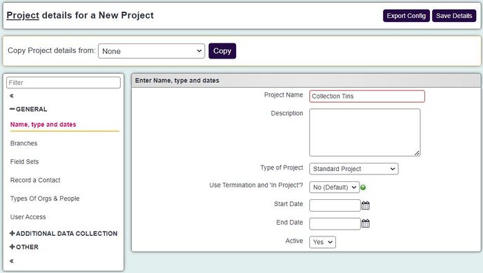 "a screenshot of the project set up page. The project is called Collection Tins, and set up as a standard project type."