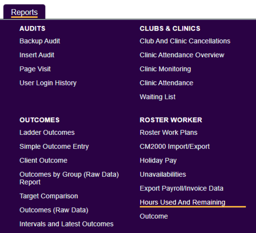"a screenshot of the hours used and remaining button, highlighted in the reports menu in Charitylog."