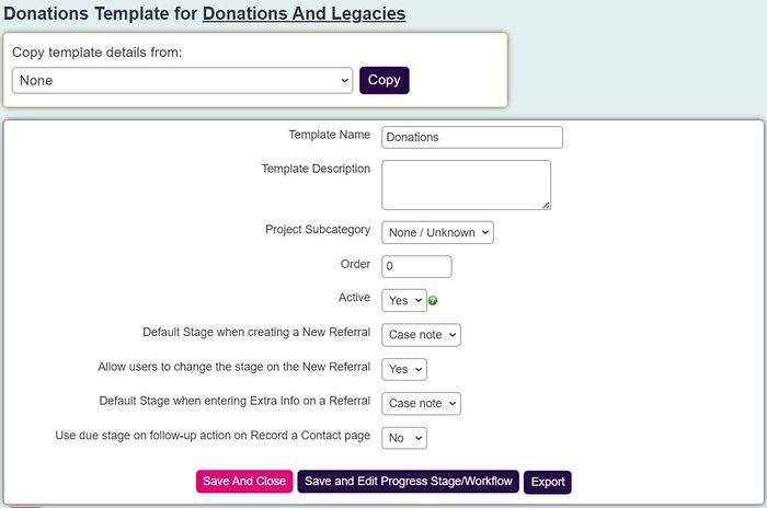 "a screenshot of the template set up page. The template is called Donations."