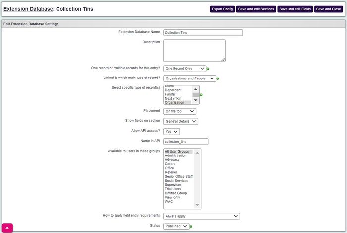 "a screenshot of the collection tin extension database set up, which is set to be recorded on the organisation person records as opposed to the referrals."