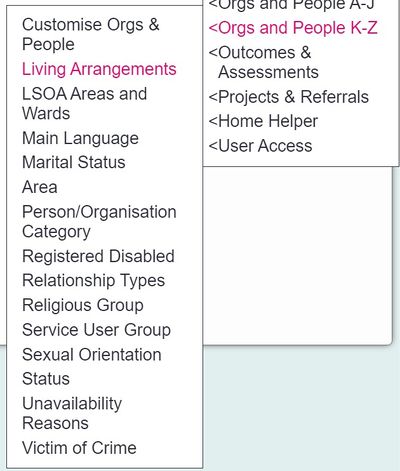 "a screenshot of living arrangements in the admin  menu"