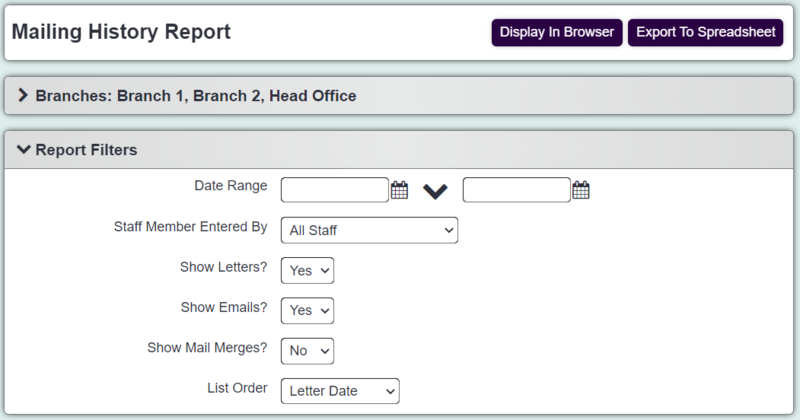 "a screenshot of the mailing history report criteria fields. Including date fields, staff member entered by, show letters, emails or mail merges, and list order."