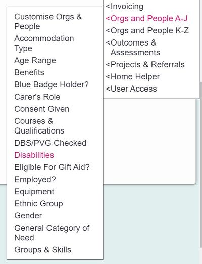 "disabilities button in charitylog admin menu"
