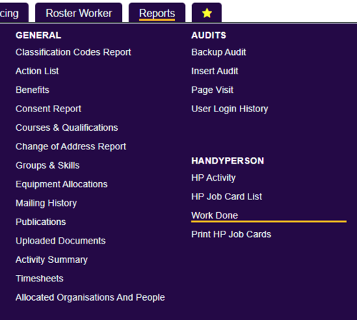 "a screenshot of the handyperson work report button, highlighted in the report menu."