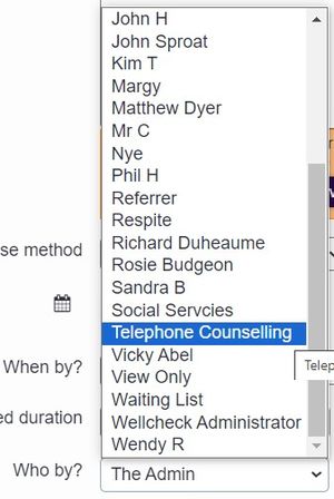 "a screenshot of the who by drop down list in charitylog which shows a selection of users"
