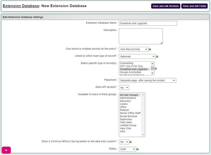 "a screenshot of the Extension Database set up page. It is called donations and legacies, it's set to be referral linked and linked to the project labelled donations and legacies."