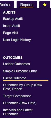 "a screenshot of the client outcome report button highlighted in the report menu."