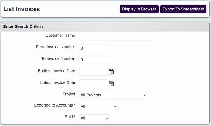 "the list invoices criteria entry page, included fields such as date, invoice number, project."