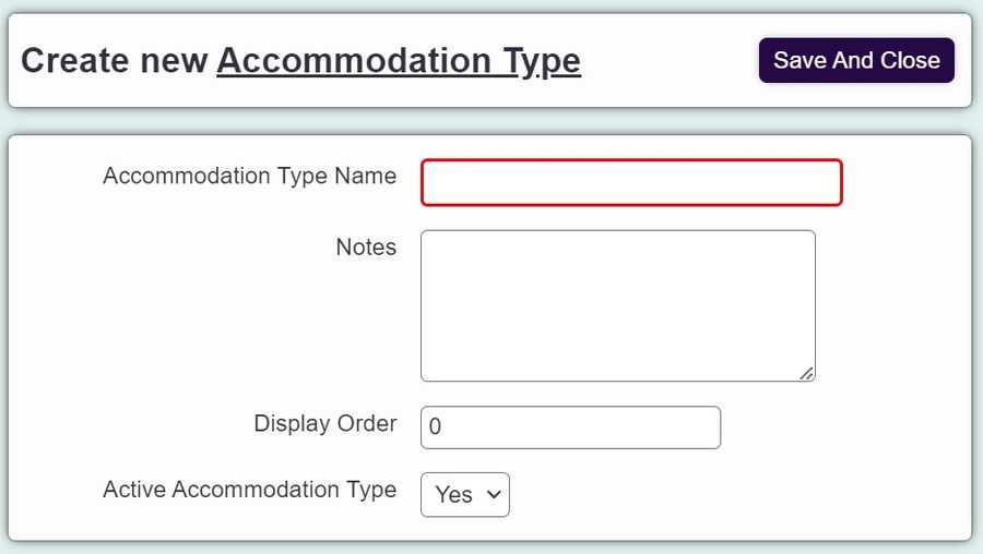 "accommodation type select option entry field in charitylog"