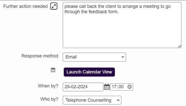 "a screenshot of an outstanding action for the telephone counselling team"