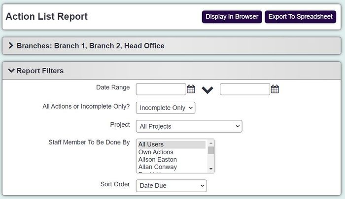 "a screenshot of the action list report criteria fields, where the date and project need to be filled in. There's two buttons to allow you to display the report in the browser or directly export to Excel."