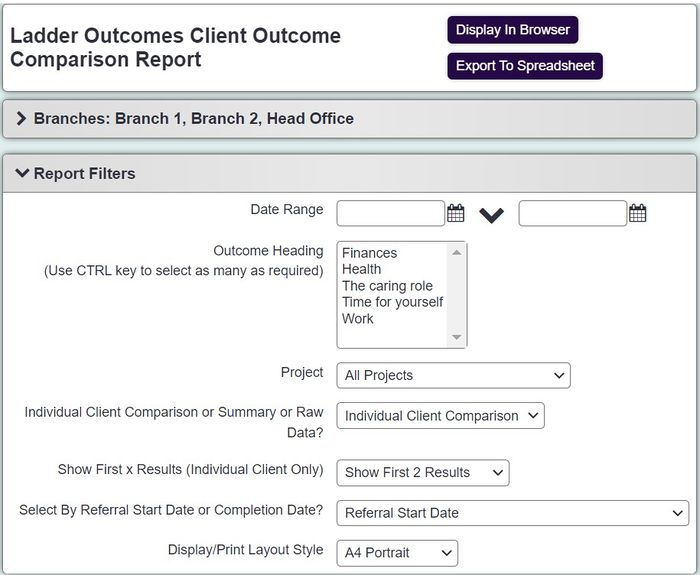 "a screenshot of the client outcome report criteria screen, including the fields listed below."