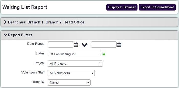 "a screenshot of the volunteer waiting report criteria entry fields. This includes a date range, project selection, and record type."