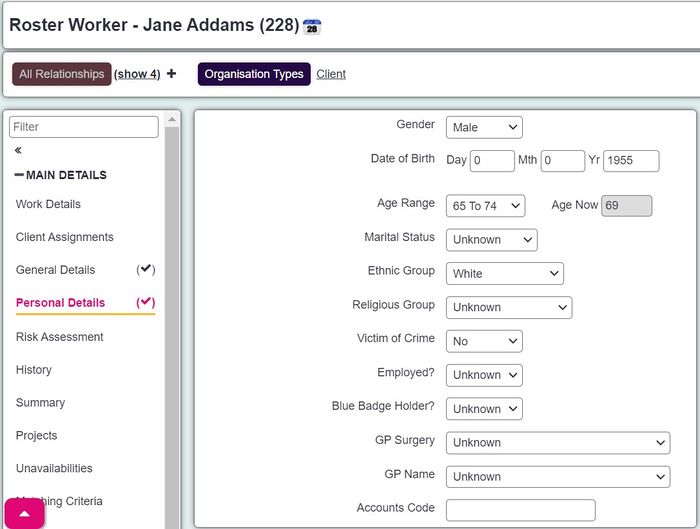 "a screenshot of the roster worker records personal details section. This includes field for age, gender, sexual orientation."