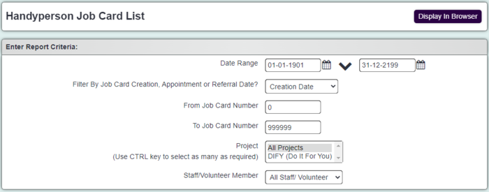 "a screenshot of the Handyperson Job Card List including the criteria fields listed below."