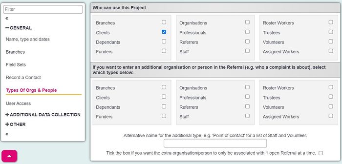 "a screenshot of the types of orgs and people section on the project set up page. The section displays the relevant record types, such as clients, referrers, organisations. Clients are ticked."